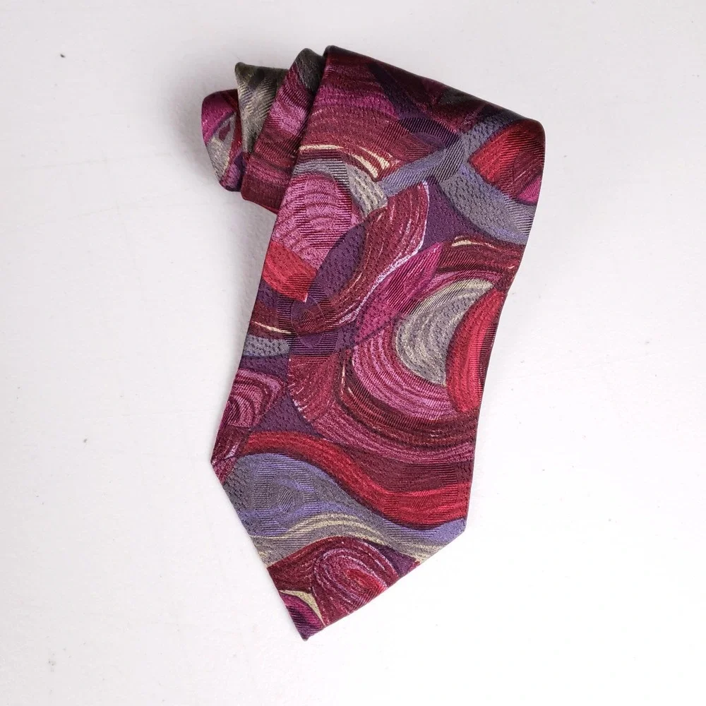 Alcione Silk Necktie Bold Abstract Pattern Burgundy Purple Made In Italy